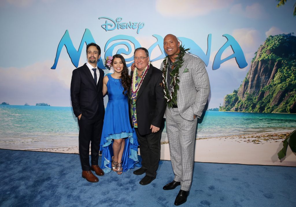 HOLLYWOOD, CA - NOVEMBER 14: (L-R) Songwriter Lin-Manuel Miranda, actress Auli'i Cravalho, executive producer John Lasseter, and actor Dwayne Johnson attend The World Premiere of Disneys "MOANA" at the El Capitan Theatre on Monday, November 14, 2016 in Hollywood, CA. (Photo by Jesse Grant/Getty Images for Disney) *** Local Caption *** Auli'i Cravalho; Dwayne Johnson; Lin-Manuel Miranda; John Lasseter