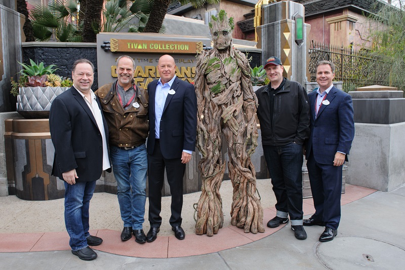 WE ARE GROOT -- (May 25, 2017) Joe Quesada, Chief Creative Officer of Marvel Entertainment, Joe Rohde, Walt Disney Imagineering Senior Vice President Creative, Bob Chapek, Chairman of Walt Disney Parks and Resorts, Kevin Feige, President of Marvel Studios, and Michael Colglazier, President of the Disneyland Resort. at the grand opening of the new Guardians of the GalaxyÐMission: BREAKOUT! attraction at Disney California Adventure park, in Anaheim, Calif., on Thursday. The epic new adventure blasts guests straight into the ÒGuardians of the GalaxyÓ story for the first time, alongside characters from the blockbuster films and comics. (Joshua Sudock/Disneyland Resort)